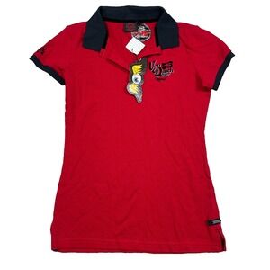 Von Dutch Polo Shirt Women Large Red Black Spell Out Logo Babydoll Biker VTG Y2K